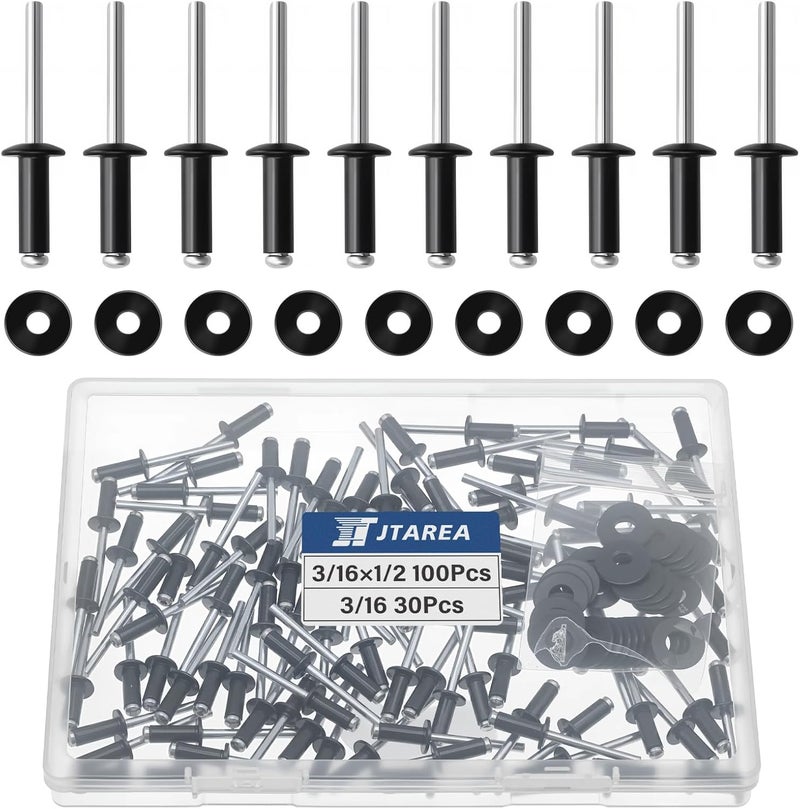JTAREA 130pcs 3/16" x 1/2" Black Aluminum Pop Rivets with Stainless Steel Washers 4.8 x 12.7mm Blind Rivet Assortment Kit - Image 1